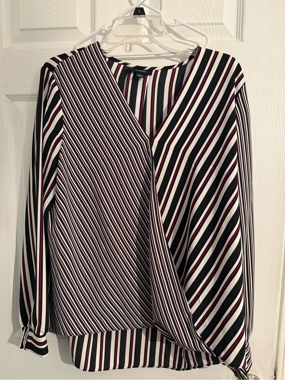 Alfani Striped V-Neck Blouse in Black, White & Burgundy